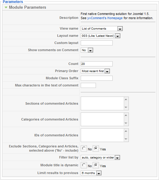 Sample values of yvComment Module Parameters.